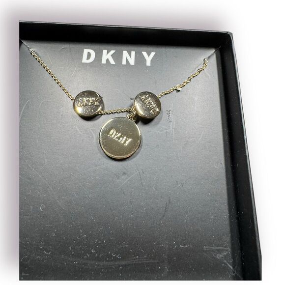 DKNY Women's Gold Logo Earrings and Necklace Logo Pendant Set w/ Box - Picture 1 of 4